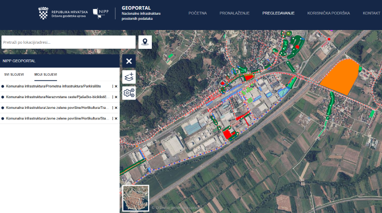 Isječak preglednika na Geoportalu NIPP-a koji prikazuje Registar komunalne infrastrukture